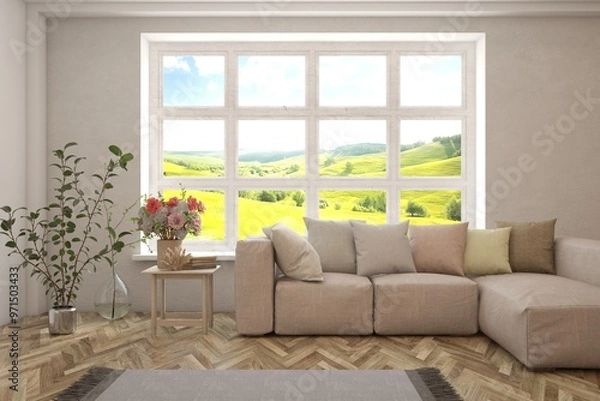 Fototapeta White living room with sofa and summer landscape in window. Scandinavian interior design. 3D illustration
