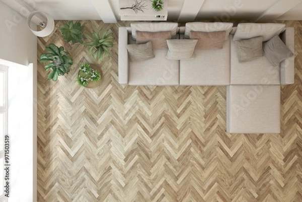 Fototapeta Top view of white bedroom concept with concrete floor. Scandinavian interior design. 3D illustration