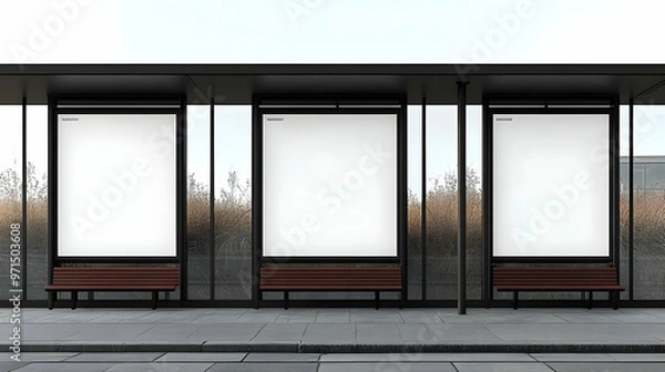 Fototapeta A minimalist bus stop with empty advertisement spaces and wooden benches.