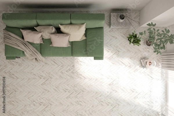 Fototapeta Top view of white bedroom concept with concrete floor. Scandinavian interior design. 3D illustration
