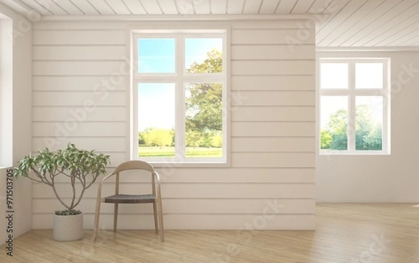 Fototapeta White empty room with summer landscape in window. Scandinavian interior design. 3D illustration
