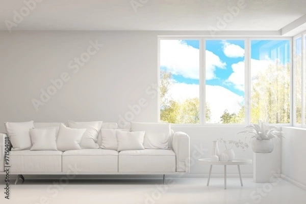 Fototapeta Grey living room concept with sofa and summer landscape in window. Scandinavian interior design. 3D illustration