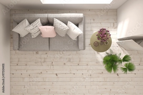 Fototapeta Top view of white bedroom concept with concrete floor. Scandinavian interior design. 3D illustration