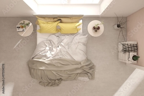Fototapeta Top view of white bedroom concept with concrete floor. Scandinavian interior design. 3D illustration