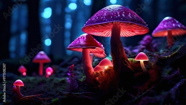 Fototapeta a surreal forest scene with neon glowing mushrooms, beautiful detailed mushrooms, magical mystical forest
