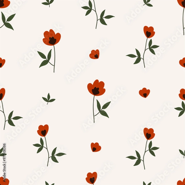 Obraz Seamless pattern with flowers. Beautiful red poppy flower. Wildflowers. Collage contemporary print. Hand drawn minimal vector illustration