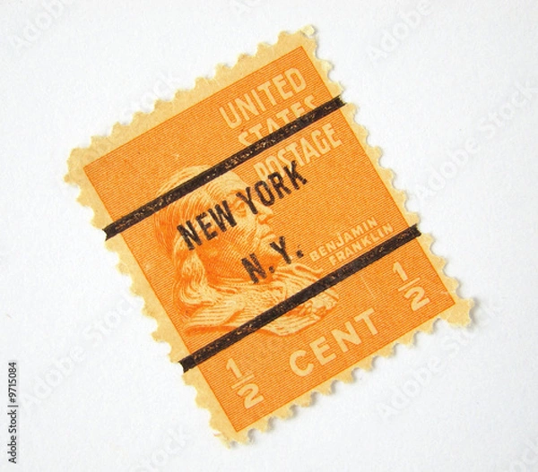 Obraz US postage stamp with N.Y. postmark on white bakground