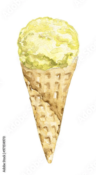 Obraz Yellow ball ice cream in waffle cone isolated on white background. Watercolor hand drawn illustration