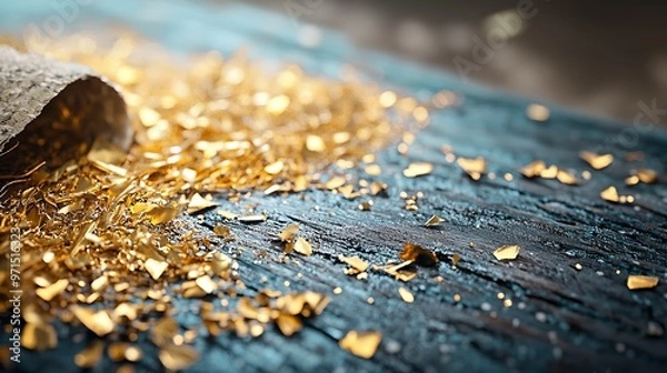 Fototapeta  A tight shot of wood adorned with gold flakes, plus a roll of wood shavings nearby