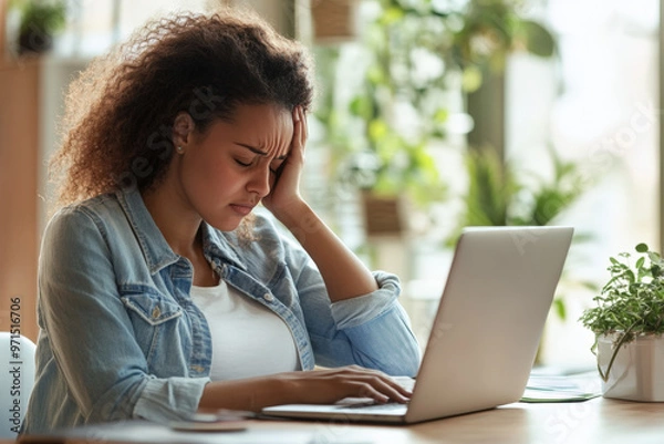 Obraz Young woman holding her head with her hand while working on her laptop at home, suffering from a headache
