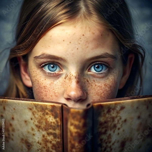 Obraz A woman with blue eyes is looking at the page of a book