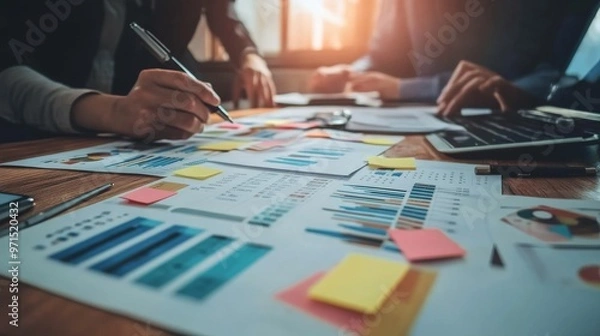 Fototapeta Close-up of Hand Holding Pen Over Business Charts and Sticky Notes, Teamwork, Collaboration, Analysis, Data, Meeting, Strategy