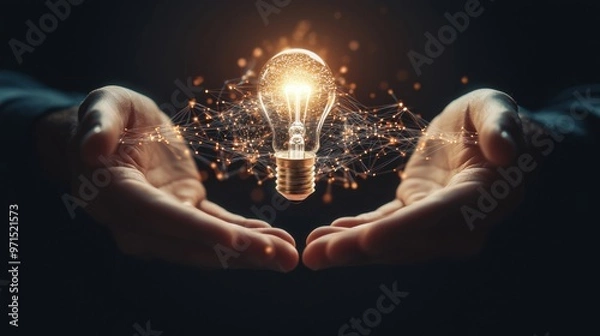 Obraz A lightbulb floating between two hands, with a swirling path of symbols and abstract data connecting the hands, showing the transfer of innovative ideas