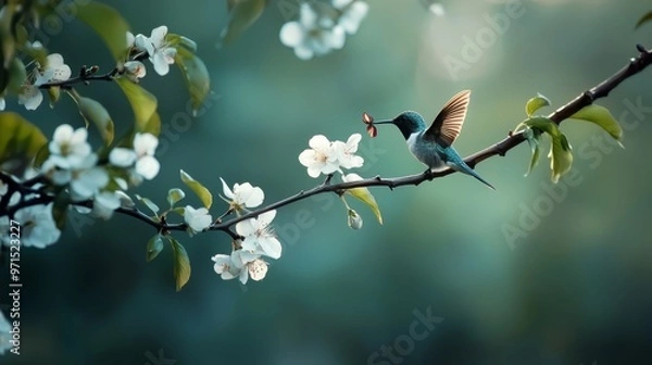 Fototapeta  A bird perched on a tree branch holds a flower in its beak against a blurred backdrop