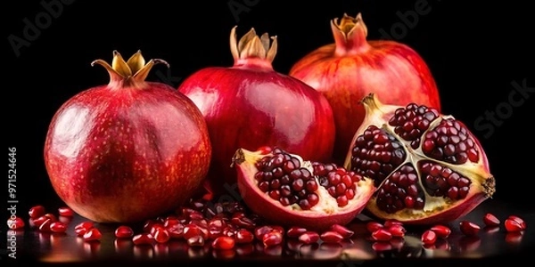 Fototapeta Pomegranate whole and slice with seeds isolated