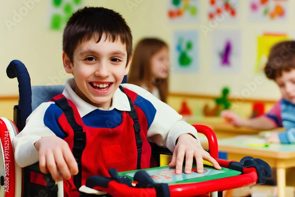 Fototapeta Smiling boy with cerebral palsy in a wheelchair at school
