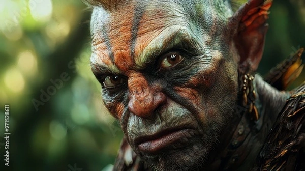 Fototapeta  A tight shot of a creature adorned with green and red paint on its face, standing before a towering tree in the background