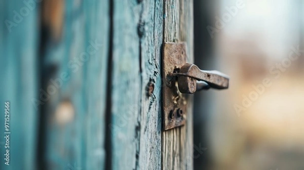 Fototapeta  A tight shot of a door handle on a weathered wood door, adorned with a corroded padlock affixed to its exterior
