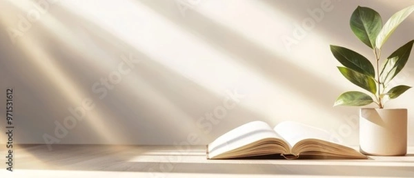 Obraz  A book open on a wooden table Nearby, a plant in a vase Both items reside on separate table sections