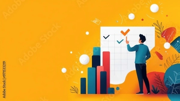 Fototapeta A salesperson happily putting a checkmark on a whiteboard full of sales goals, showing pride in achieving a smaller milestone., design illustration