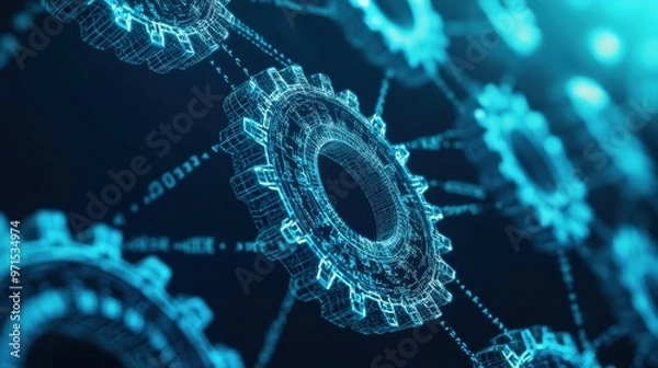 Obraz A series of interconnected gears, each one turning to power the next, the concept of workstreams driving productivity and process efficiency