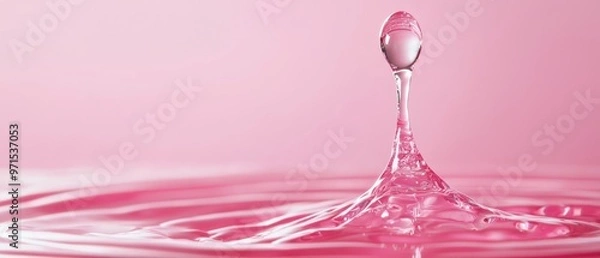 Fototapeta  A tight shot of a drop of water atop a pink surface, releasing another drop