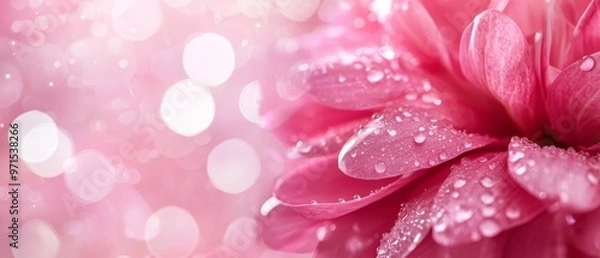 Fototapeta  A tight shot of a pink blossom speckled with water droplets, against a backdrop of soft, radiant bokeh  from the light source