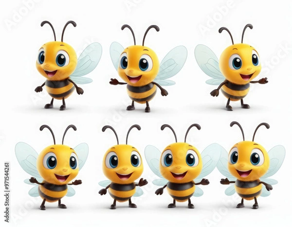Fototapeta set of funny cartoon bee adorable cartoon style 3d realistic cartoons 3d render 3d illustration