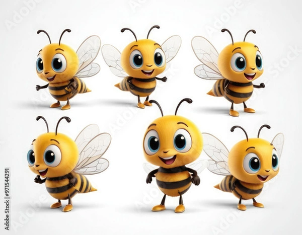 Fototapeta set of cartoon bee adorable cartoon style 3d realistic cartoons 3d render 3d illustration