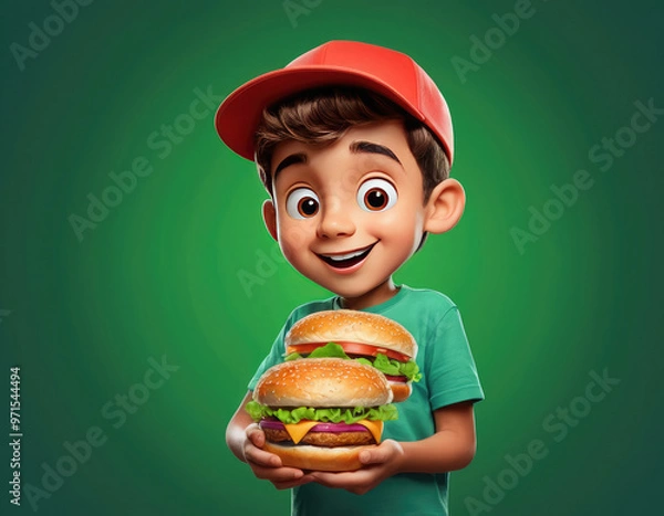 Fototapeta boy with hamburger adorable cartoon style 3d realistic cartoons 3d render 3d illustration