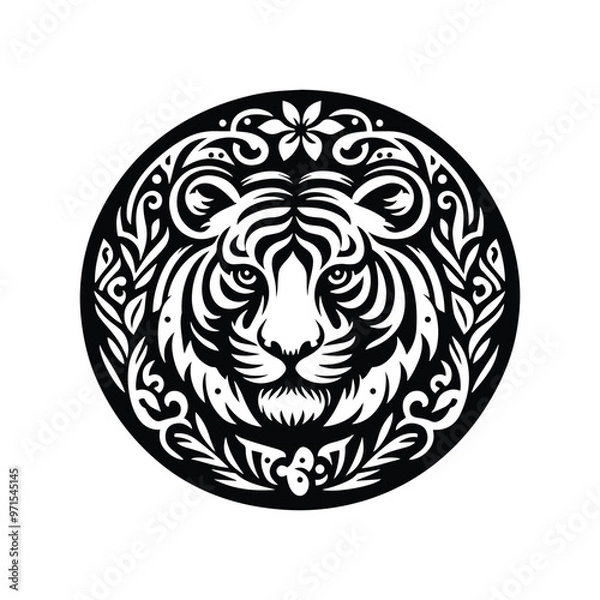 Fototapeta Tiger in folk art black and white silhouette illustration