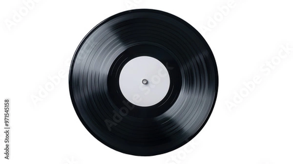 Fototapeta Close up of black vinyl record showing grooves and white center label in detailed view. Isolated on transparent background, png.