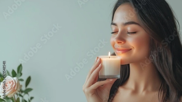Obraz A woman is holding a candle and smiling. The candle is lit and the woman is enjoying the scent