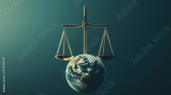 Fototapeta Balancing the Scales of Recession: An enormous set of scales floating above the Earth, where one side is weighed down by a dark cloud of economic slowdown