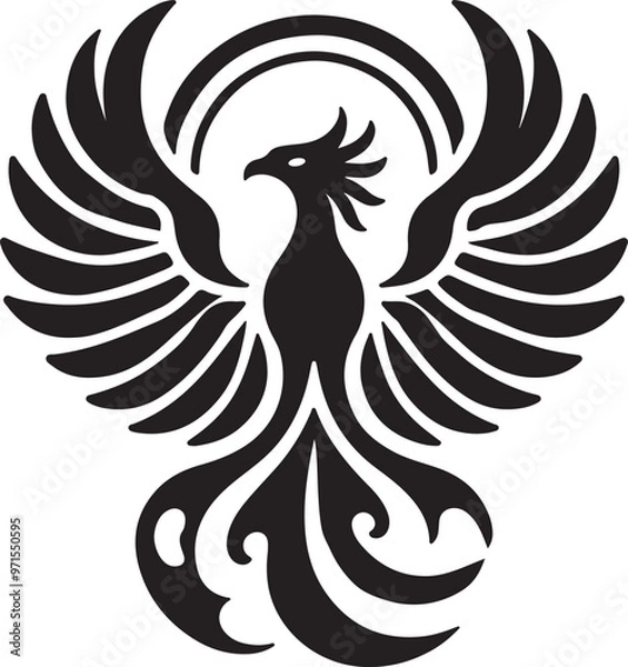 Fototapeta phoenix with open wings, flat curvy design, rounded shapes vector silhouette on white background