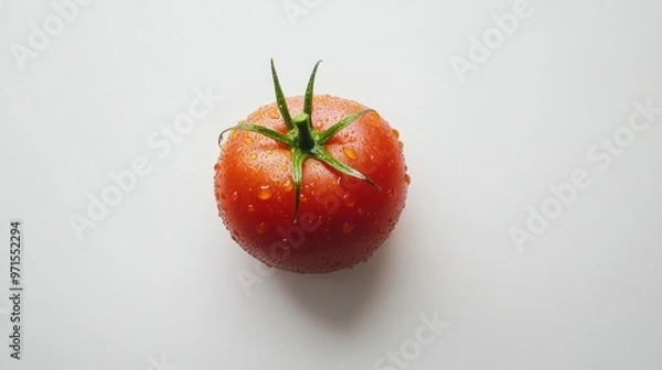 Fototapeta A Single Red Tomato with Water Droplets on a White Background