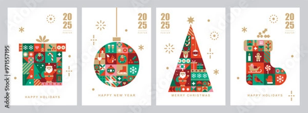 Obraz Christmas card templates. Icons in abstract modern geometric flat style. Winter poster set. Christmas box, Christmas tree and Christmas ball. Bauhaus design. Happy holidays. Vector illustration.