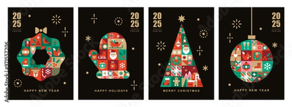Obraz Christmas card templates. Icons in abstract modern geometric flat style. Winter poster set. Christmas wreath, Christmas tree and Christmas mitten. Bauhaus design. Happy holidays. Vector illustration.