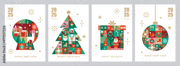 Obraz Christmas card templates. Winter icons in abstract modern geometric flat style. Snow globe, Christmas tree and Christmas box. Bauhaus design. Happy holidays. Seasons greetings.Vector illustration set.