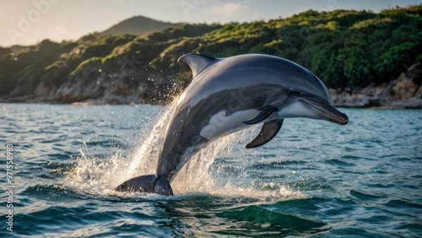 Fototapeta dolphin jumping out of water creating a spray of water droplets.
