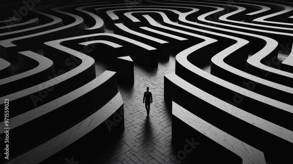 Fototapeta Endless Maze: A person wandering through a massive, abstract maze that seems to shift and change, symbolizing the feeling of getting lost or stuck while pursuing difficult goals that seem never-ending