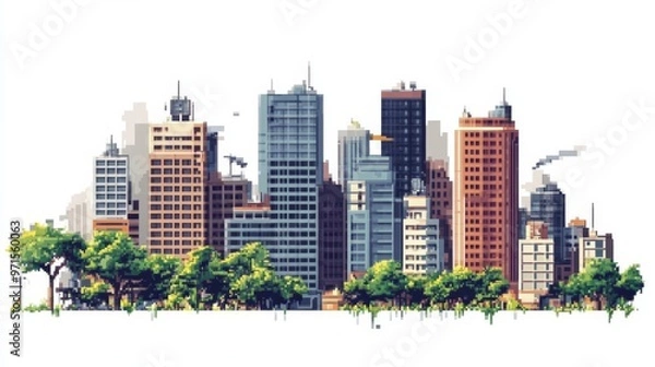 Fototapeta Illustration of a modern city skyline with high-rise buildings and green trees, showcasing urban architecture and cityscape design.