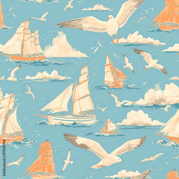 Fototapeta seamless pattern with ships and seagulls