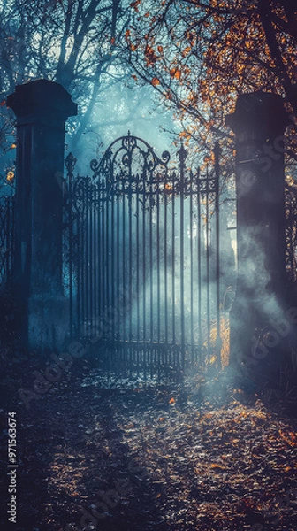 Fototapeta A fog covered graveyard gate creates mysterious atmosphere