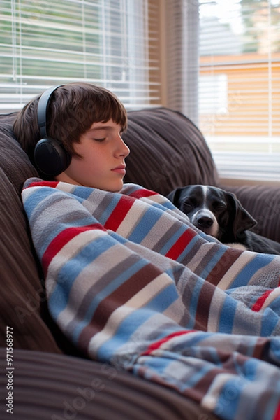 Fototapeta teenager sleeps next to his pet covered with a colorful shredded blanket with headphones on the sofa at home, vertical, peace, relaxation, tranquility, best friend,