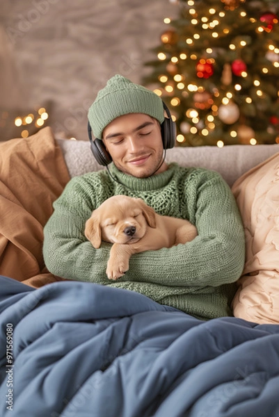 Fototapeta puppy dog sleeps in the arms of his owner who is listening to music with headphones, christmas decoration, face of happiness, peace, tranquility, vertical,