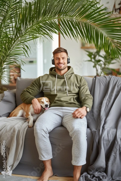 Fototapeta young man smiling looking at the camera with his pet listening to music with headphones on in the living room of his house, vertical, palm tree, sofa, peace, relax, tranquility, best friend,