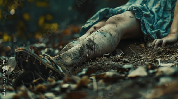 Fototapeta Muddy leg of a girl or young woman on forest ground, with dirty limb among fallen leaves. Unsettling crime scene in a mysterious outdoor setting. Macabre close-up photography 