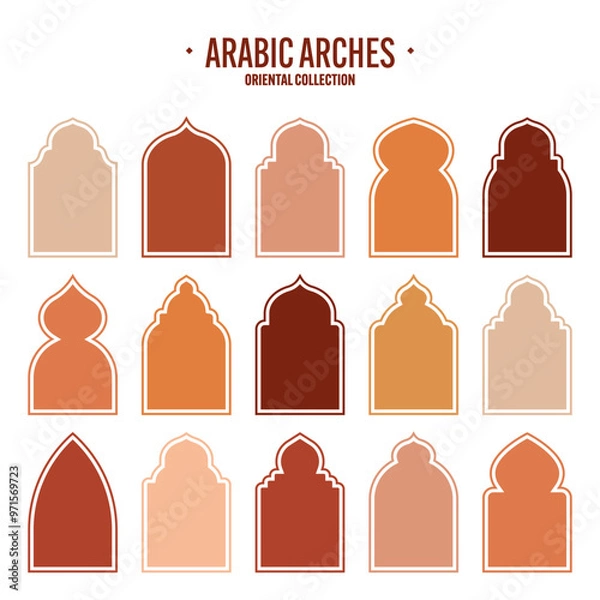 Fototapeta Islamic frames, oriental style objects. Arabic shapes, windows and arches. Traditional ornamental banner, frame. Muslim holidays, Ramadan Kareem. Modern eastern architecture. Vector illustration