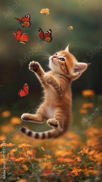 Fototapeta a cat playing with butterflys